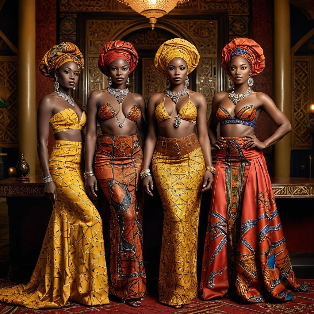 A captivating scene showcasing stunning African adult film stars in vibrant, ornate traditional attire against a luxurious backdrop. Their expression exudes confidence and allure, with a mix of contemporary and cultural elements blending seamlessly to highlight the allure of African beauty. super-realistic. vibrant colors. high definition.