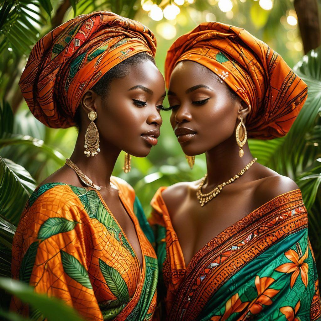 Two beautiful African women with rich, flawless skin, sharing an intimate, captivating moment. They are adorned in vibrant traditional fabrics, surrounded by lush greenery and ethereal lighting, highlighting the depth of their connection. Sensual expressions and soft smiles convey romance and elegance. super-realistic. vibrant colors. soft light.