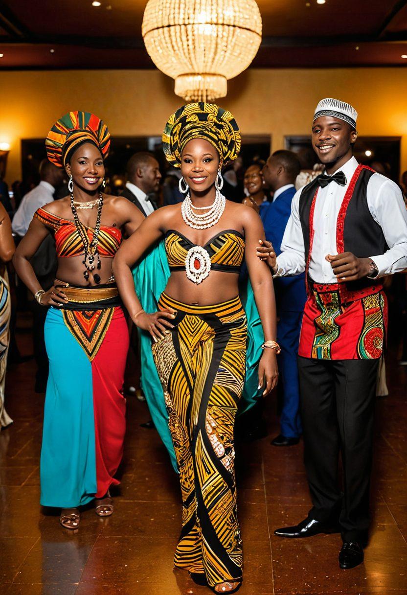 A vibrant African cultural night scene in a lively, upscale entertainment venue: elegant adults enjoying high-end performances, traditional dances, and modern music, under sparkling lights and stylish decor. super-realistic. vibrant colors. elegant background.